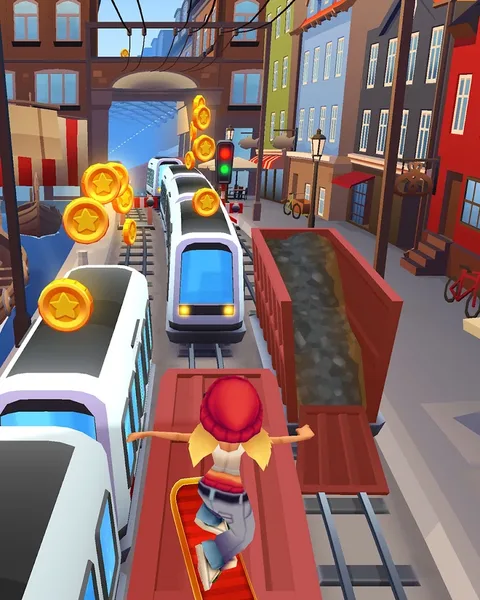 Schermata di gioco da Subway Surfers: il personaggio corre sui binari tra i treni